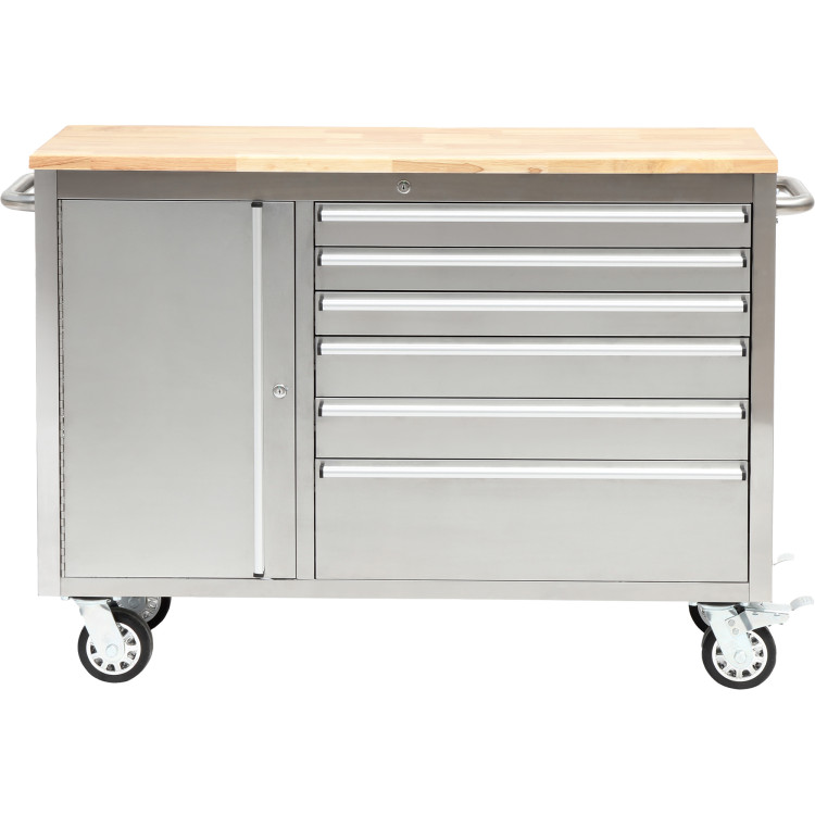 Coffre à outils roulant robuste en acier inoxydable avec plateau en bois, 6 tiroirs et 1 armoire latérale, dimensions : 1370 x 488 x 913 mm | Adexa 482038ASILVER