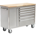 Coffre à outils roulant robuste en acier inoxydable avec plateau en bois, 6 tiroirs et 1 armoire latérale, dimensions : 1370 x 488 x 913 mm | Adexa 482038ASILVER