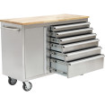 Coffre à outils roulant robuste en acier inoxydable avec plateau en bois, 6 tiroirs et 1 armoire latérale, dimensions : 1370 x 488 x 913 mm | Adexa 482038ASILVER
