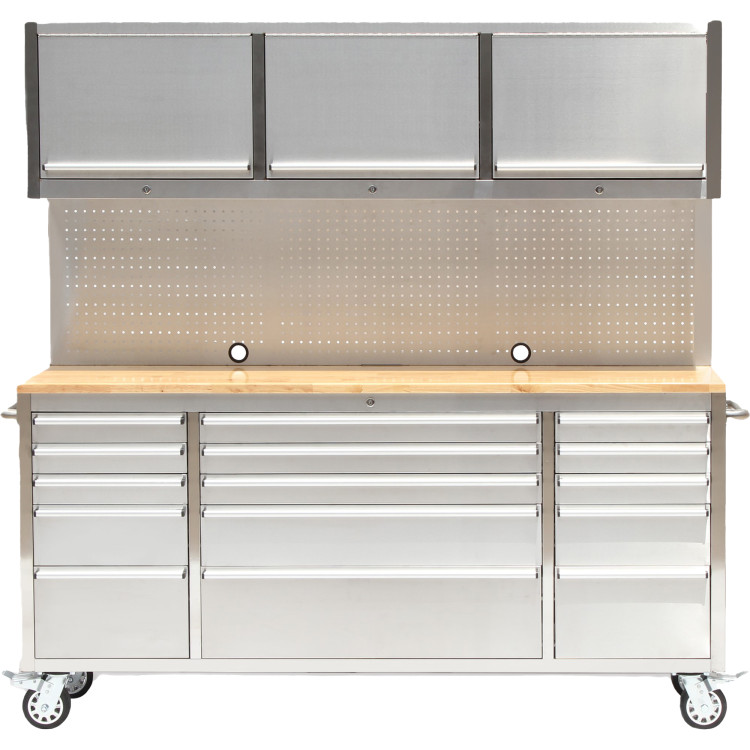Coffre à outils roulant robuste en acier inoxydable avec plateau en bois, 15 tiroirs et 3 armoires supérieures, dimensions : 1978 x 510 x 1828 mm | Adexa 722038APSILVER