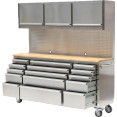 Coffre à outils roulant robuste en acier inoxydable avec plateau en bois, 15 tiroirs et 3 armoires supérieures, dimensions : 1978 x 510 x 1828 mm | Adexa 722038APSILVER
