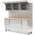 Coffre à outils roulant robuste en acier inoxydable avec plateau en bois, 15 tiroirs et 3 armoires supérieures, dimensions : 1978 x 510 x 1828 mm | Adexa 722038APSILVER