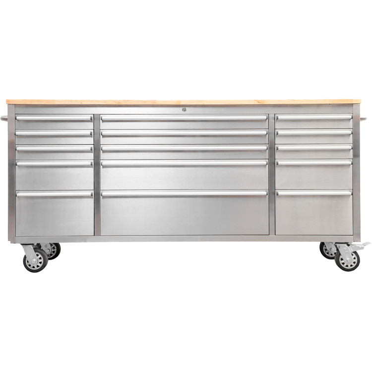 Coffre à outils roulant robuste en acier inoxydable avec plateau en bois, 15 tiroirs, 1978 x 485 x 908 mm | Adexa 722038ASILVER