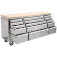 Coffre à outils roulant robuste en acier inoxydable avec plateau en bois, 15 tiroirs, 1978 x 485 x 908 mm | Adexa 722038ASILVER