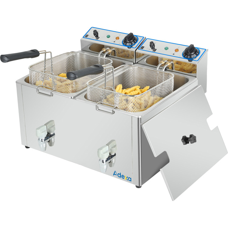 Friteuse électrique professionnelle de comptoir à double cuve (2 x 10 litres) - Dimensions : 530 x 490 x 360 mm | Adexa AFR008