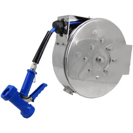 Enrouleur de tuyau d'arrosage automatique en acier inoxydable 10 m avec support pivotant, argent et bleu | Adexa B71050110M