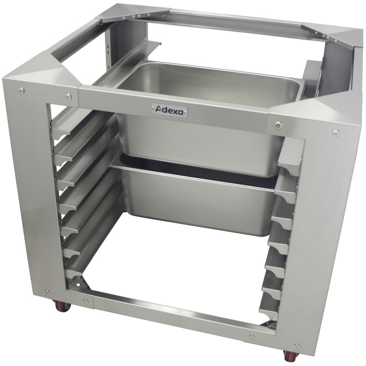 Socle pour four mixte/convection avec grille à lèchefrite en acier inoxydable à 7 niveaux, mobile sur roulettes, compatible avec les lèchefrites GN 1/1 | Adexa BCF95N