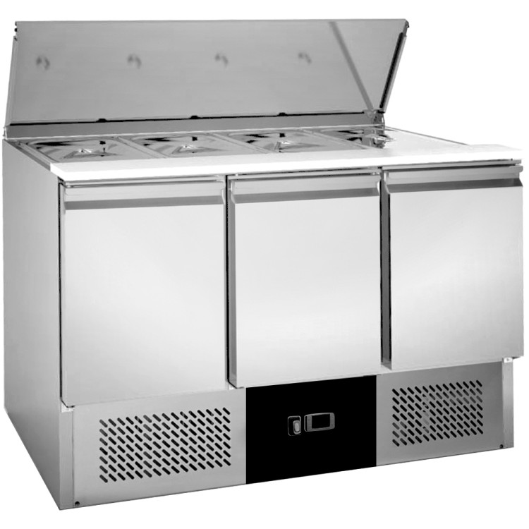 Réfrigérateur de comptoir commercial Saladette 3 portes avec plan de préparation 368 L en acier inoxydable 1365 x 700 x 850 mm | Adexa BLUEINOX30