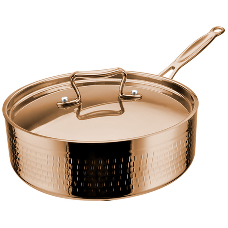 Casserole triple couche en acier inoxydable martelé avec long manche ø220×75mm 2,8L Finition cuivre | Adexa C0311027C