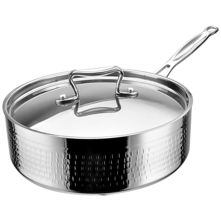 Casserole triple couche en acier inoxydable martelé avec long manche ø260×85mm 4,5L Finition argentée | Adexa C0311029S