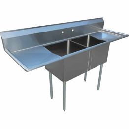 Évier commercial à deux cuves en acier inoxydable avec dosseret intégré, dimensions : 1830 x 600 x 1110 mm, pieds ronds | Adexa C2T18181218LR