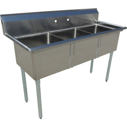 Évier commercial à 3 bacs en acier inoxydable avec dosseret intégré, dimensions : 1970 x 600 x 1110 mm, pieds ronds | Adexa C3T24241400