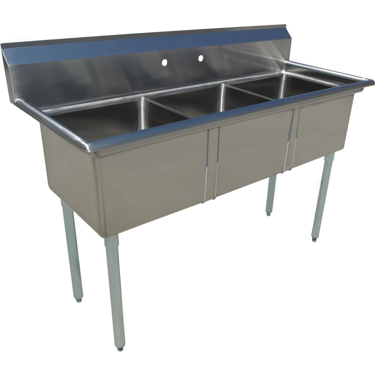 Évier commercial à 3 bacs en acier inoxydable avec dosseret intégré, dimensions : 1970 x 600 x 1110 mm, pieds ronds | Adexa C3T24241400