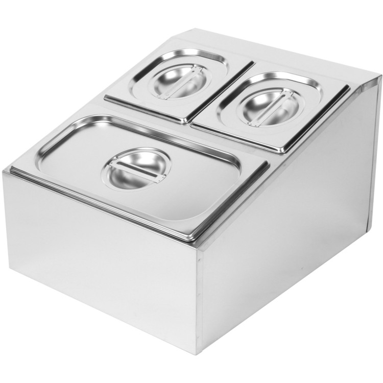 Porte-condiments professionnel comprenant 2 récipients GN 1/6-100 mm et 1 récipient GN 1/3-100 mm avec couvercles, en acier inoxydable | Adexa CHD04B2