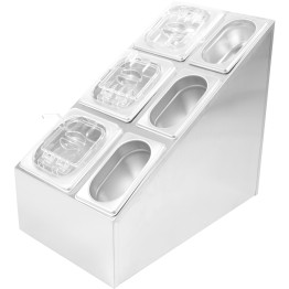Porte-bacs à condiments professionnel comprenant 3 bacs GN 1/6 et 3 bacs GN 1/9 avec couvercles encastrés et louches | Adexa CHM01