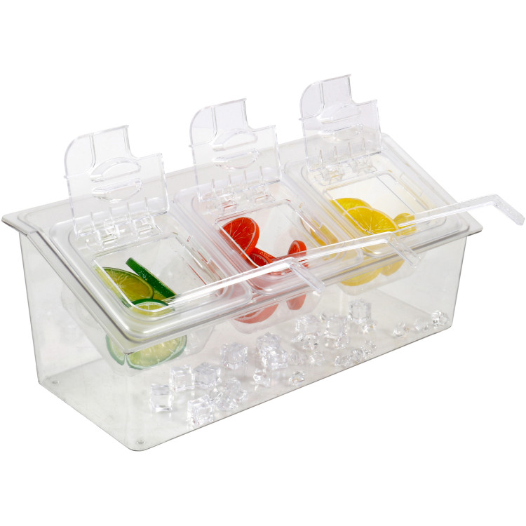 Présentoir à condiments réfrigéré comprenant 3 récipients GN 1/6-100 mm avec couvercle, en plastique | Adexa CHP06B