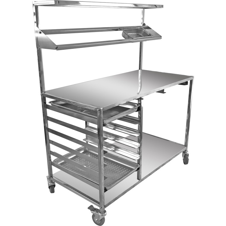 Table de préparation mobile avec rails GN1/1 & Étagère supérieure & Rail à condiments & Roulettes Inox | Adexa CPTABC