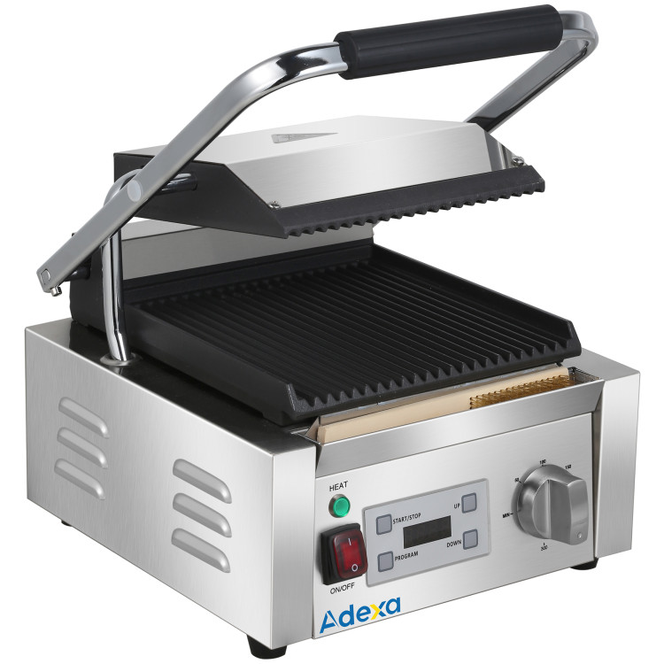 Gril à panini professionnel à contact unique 1800 W, plaques supérieure et inférieure rainurées, minuterie numérique | Adexa CU600 Gril à panini professionnel à contact unique 1800 W, plaques supérieure et inférieure rainurées, minuterie numérique | Adexa CU600