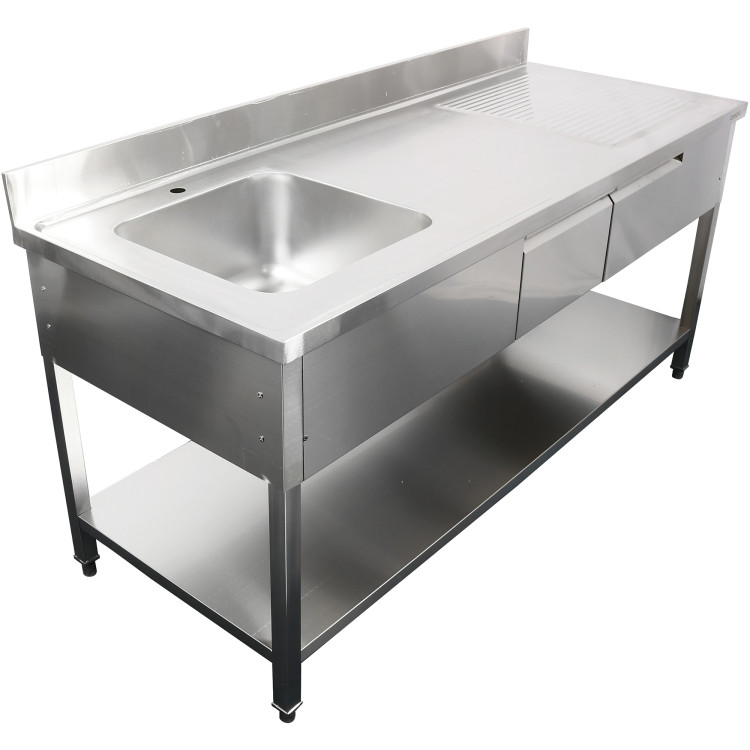 Évier professionnel avec 2 tiroirs Acier inoxydable 1 cuve Étagère inférieure gauche Crédence 1800x700x950mm | Adexa DSA180702DL