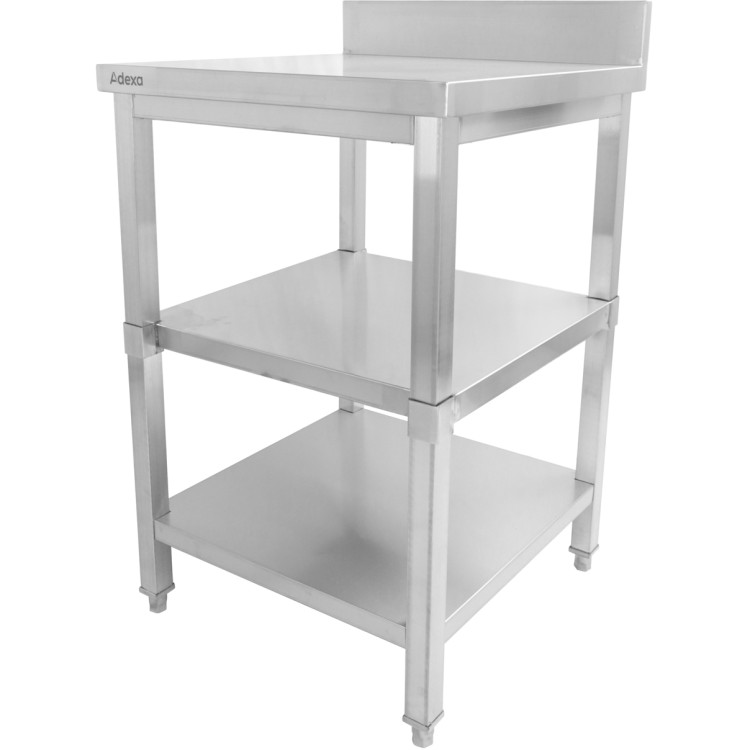 Table de travail professionnelle en acier inoxydable, 3 niveaux, crédence, pieds carrés, dimensions 800 x 600 x 900 mm | Adexa DW3T8060B