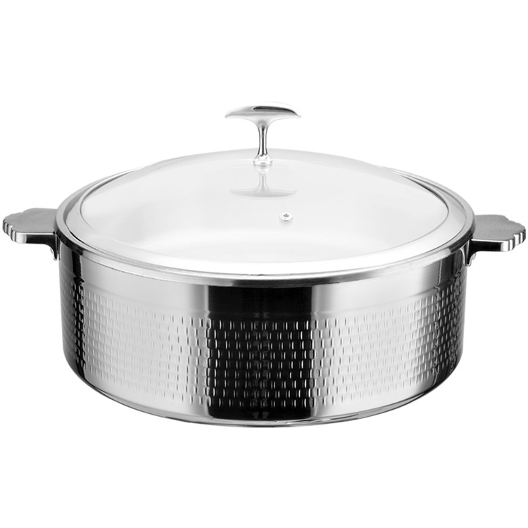 Cocotte en acier inoxydable martelé triple couche 9,6 L Ø 320 × H 120 mm avec couvercle en verre et bac en céramique – Finition argentée | Adexa E0312001M