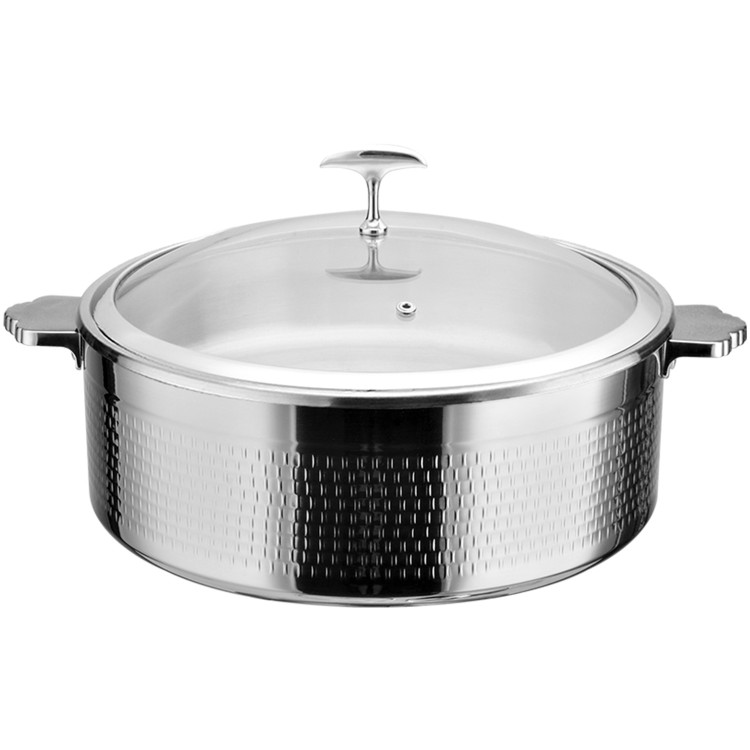 Cocotte triple couche en acier inoxydable martelé 9,6 L Φ320×H120 mm avec couvercle en verre – Finition argentée | Adexa E0312001