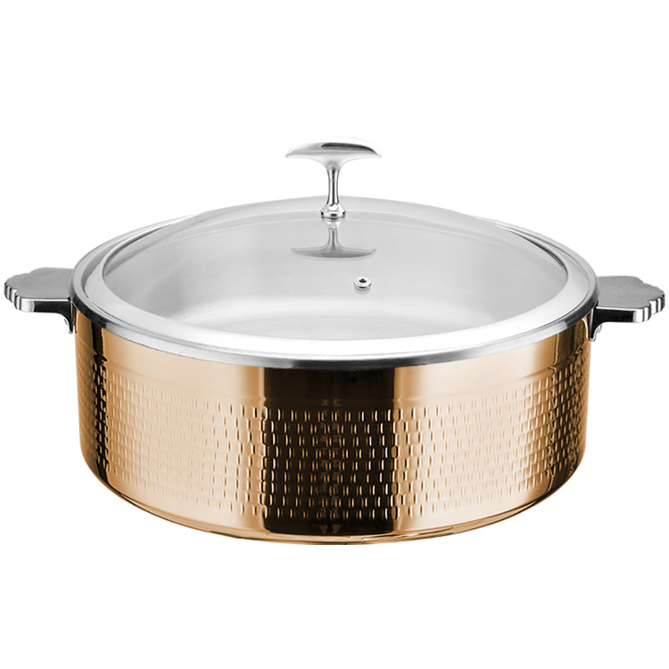 Cocotte triple couche en acier inoxydable martelé 9,6 L Φ320×H120 mm avec couvercle en verre – Finition cuivre | Adexa E0312010
