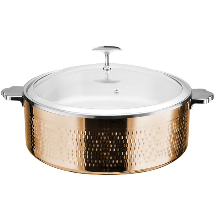 Cocotte en acier inoxydable martelé triple couche 9,6 L Ø 320 × H 120 mm avec couvercle en verre et cuve en céramique – Finition cuivre | Adexa E0312010M