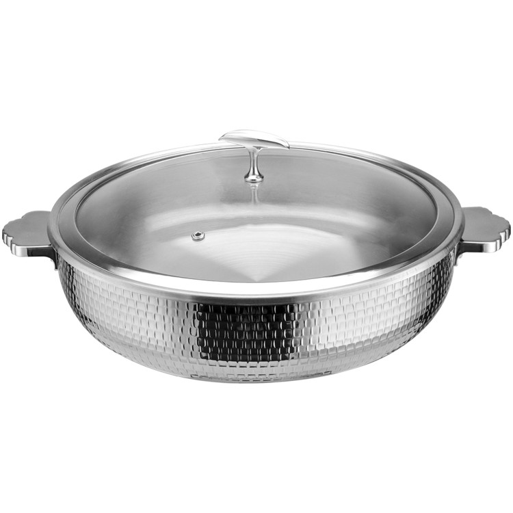 Cocotte triple couche en acier inoxydable martelé 7,2 L Φ320×H90mm avec couvercle en verre – Finition argentée | Adexa E0312200