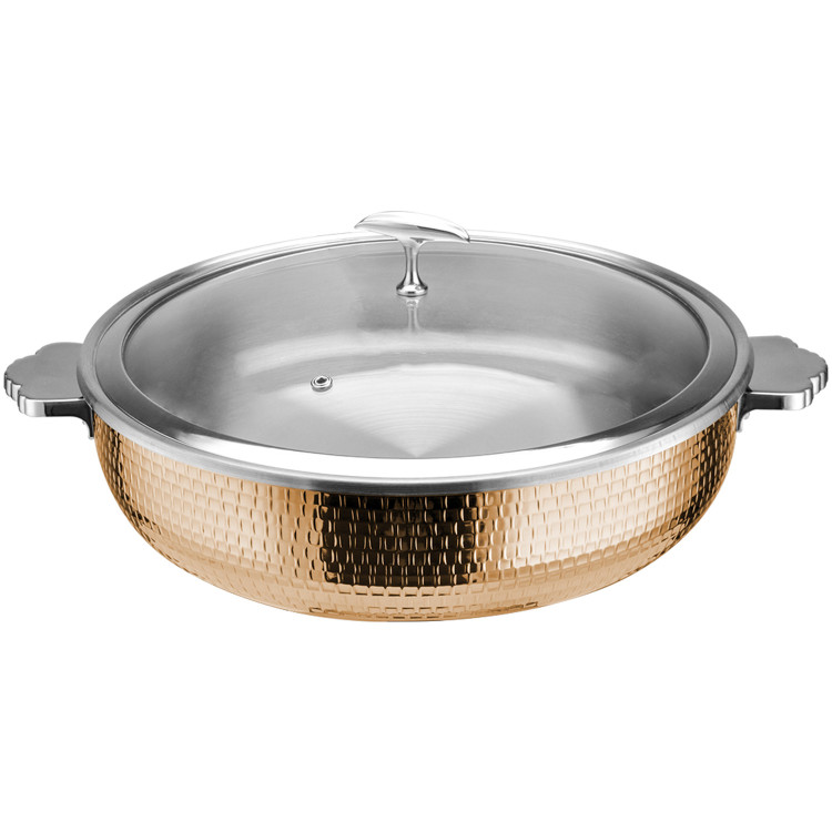 Cocotte triple couche en acier inoxydable martelé 7,2 L Φ320×H90mm avec couvercle en verre – Finition cuivre | Adexa E0312210