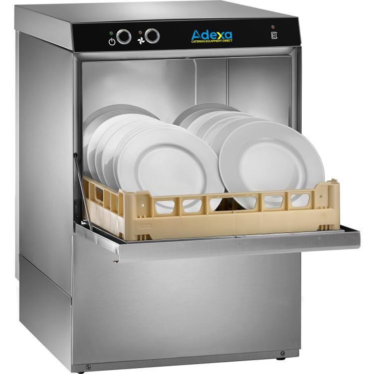 Lave-vaisselle professionnel Panier 500 mm Premium 20 paniers/heure Vidange par gravité Pompe doseuse de détergent | Adexa ADX50T