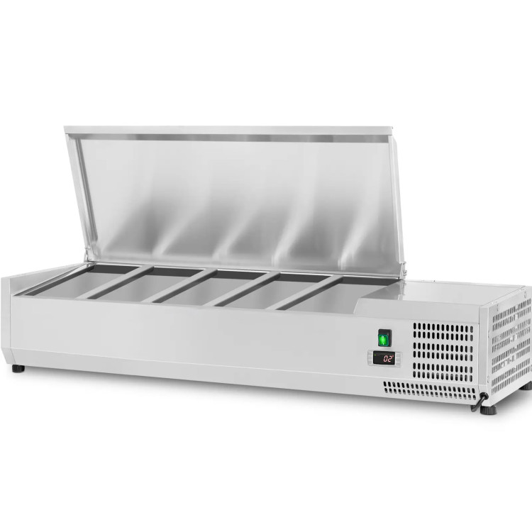 Plateau de préparation réfrigéré 1400 mm, 6 bacs GN 1/3, profondeur 380 mm, couvercle en acier inoxydable | Adexa VRX1400/380SS