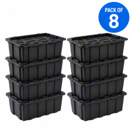 Lot de 8 boîtes de rangement commerciales en plastique noir PP 60 L avec couvercle à clip et fermetures bleues (625 x 415 x 340 mm) | Adexa H0060SETOF8