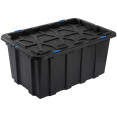 Lot de 8 boîtes de rangement commerciales en plastique noir PP 60 L avec couvercle à clip et fermetures bleues (625 x 415 x 340 mm) | Adexa H0060SETOF8