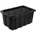 Lot de 6 boîtes de rangement commerciales en plastique noir PP 100 L avec couvercle à clip et fermetures bleues (750 x 515 x 380 mm) | Adexa H0100GGSETOF6