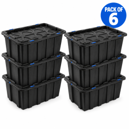 Lot de 6 boîtes de rangement commerciales en plastique noir PP 100 L avec couvercle à clip et fermetures bleues (750 x 515 x 380 mm) | Adexa H0100GGSETOF6