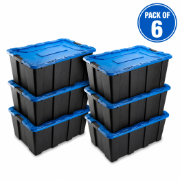 Lot de 6 boîtes de rangement robustes en plastique PP noir avec couvercle à clip, 100 L, avec couvercle bleu (755 x 510 x 370 mm) | Adexa H0100KSETOF6