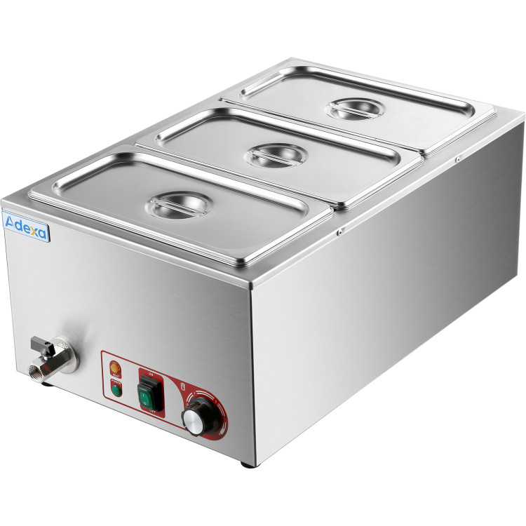 Bain-marie professionnel avec robinet de vidange 3xGN1/3 comprenant 3 récipients | Adexa HB3V
