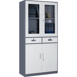 Classeur professionnel avec portes en verre et métal et 2 tiroirs 900 x 390 x 1800 mm Gris-Blanc | Adexa HDWSB24