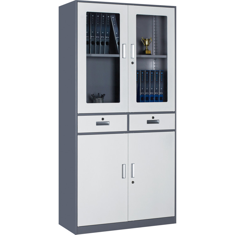 Classeur professionnel avec portes en verre et métal et 2 tiroirs 900 x 390 x 1800 mm Gris-Blanc | Adexa HDWSB24