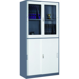Armoire de classement professionnelle avec portes coulissantes en verre et métal 900 x 390 x 1800 mm Gris-Blanc | Adexa HDYSB04