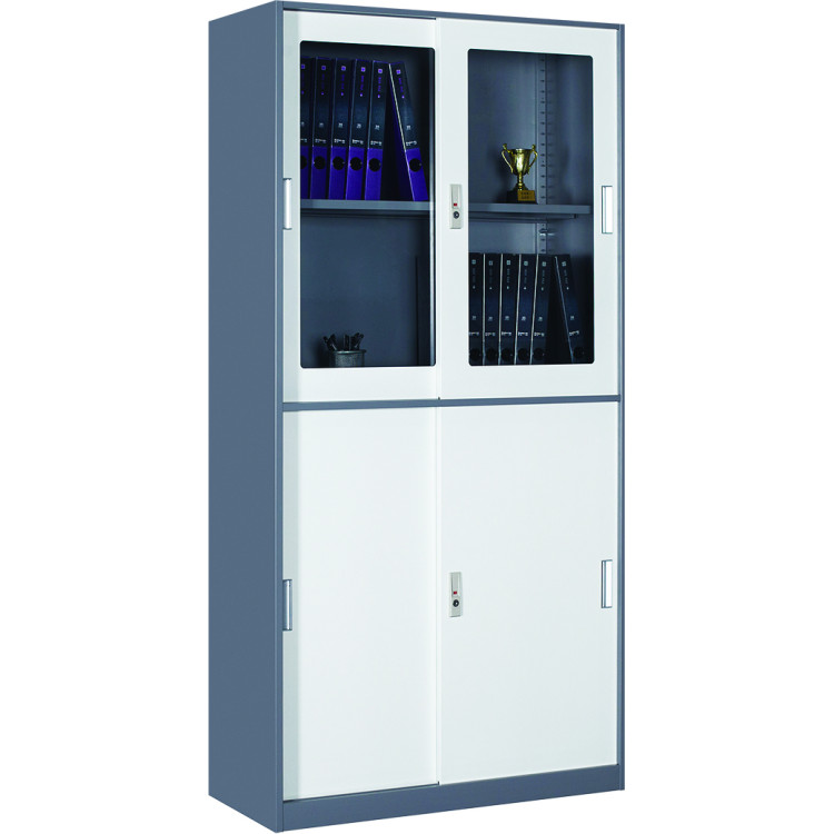Armoire de classement professionnelle avec portes coulissantes en verre et métal 900 x 390 x 1800 mm Gris-Blanc | Adexa HDYSB04
