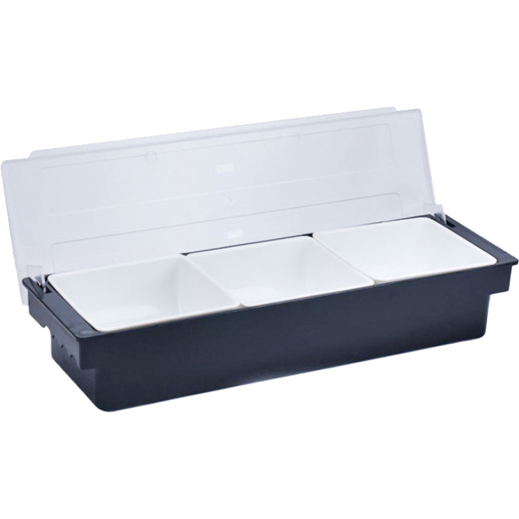 Plateau à garnitures / Distributeur de condiments avec couvercle, 3 compartiments, 500 x 160 x 90 mm, noir et blanc | Adexa JGM102