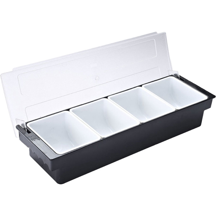 Plateau à garnitures / Distributeur de condiments avec couvercle, 4 compartiments, 500 x 160 x 90 mm, noir et blanc | Adexa JGM104