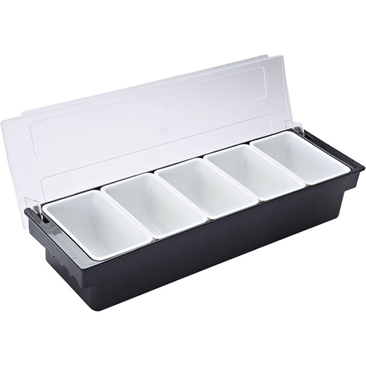 Plateau à garnitures / Distributeur de condiments avec couvercle, 5 compartiments, 500 x 160 x 90 mm, noir et blanc | Adexa JGM106