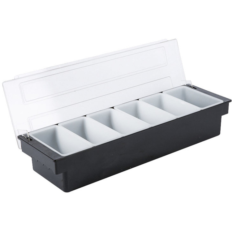 Plateau à garnitures / Distributeur de condiments avec couvercle, 6 compartiments, 500 x 160 x 90 mm, noir et blanc | Adexa JGM108