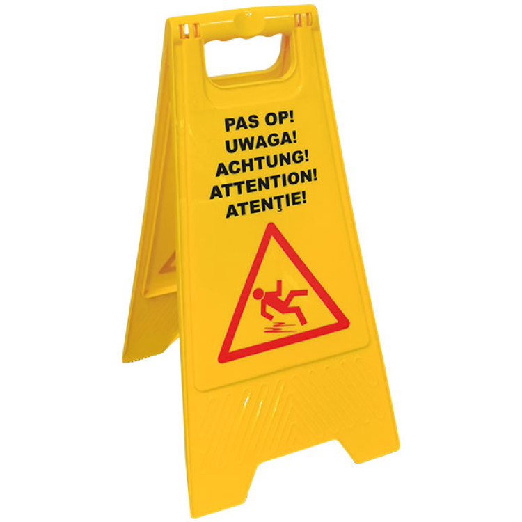Panneau de sécurité pliable multilingue « Attention sol mouillé » jaune 620 x 300 mm | Adexa JGM1202