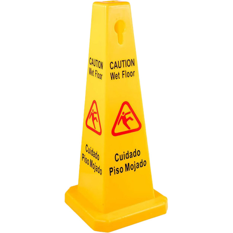 Cône de signalisation jaune « Attention sol mouillé » (anglais et espagnol) 320 x 320 x 920 mm | Adexa JGM1206