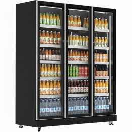 Réfrigérateur vertical commercial vitrine 1050 litres, 3 portes vitrées, 5 étagères, ventilation naturelle, 1650 x 600 x 1985 mm | Adexa KOBE208