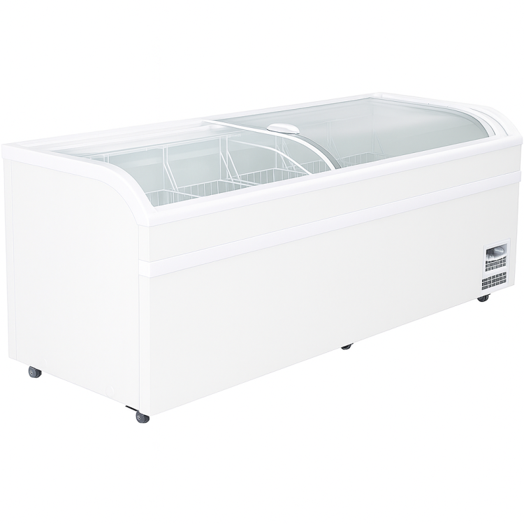 Congélateur vitré horizontal commercial avec étagères, 750 litres, 2 portes vitrées, 1900 x 850 x 850 mm, refroidissement ventilé, dégivrage automatique | Adexa KOBE220